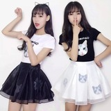 2016韩版欧根纱套装裙学生两件套可爱猫咪印花学院风连衣裙蓬蓬裙