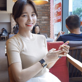 2016夏装女装韩版半高圆领短袖针织衫t恤女纯色上衣薄
