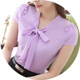 雪纺衫短袖2016夏季新款韩版女装修身显瘦蝴蝶结V领衬衫纯色上衣
