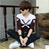 夏季韩版潮男装长袖T恤纯棉男士修身V领薄款体恤青少年学生上衣服