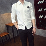 2016春夏季纯色白色衬衫修身男7七分袖衬衣中袖韩版男装寸衫衣服