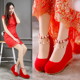 2016新款韩版春秋水钻珠链孕妇坡跟红色婚鞋高跟新娘鞋百搭单鞋女