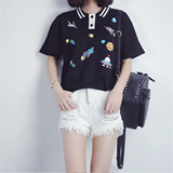 2016夏装新款韩版女上衣POLO衫短袖宽松显瘦翻领卡通印花学生T恤