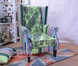 美式老虎椅布艺印花单人沙发高背椅 新古典花布条纹休闲创意沙发