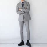 韩国男装代购气质灰色修身平驳领西服外套直筒休闲西裤16西装套装