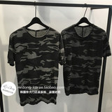韩国东大门代购男装 下摆分叉修身圆领短袖T恤 迷彩混色质感透气