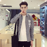 2016春季新款韩版衬衫男长袖学生青少年薄款格子印花修身款外套潮