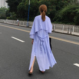 2016夏季韩版超长款条纹棉衬衫薄外套女立领竖条纹宽松长袖防晒衣