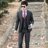 韩版新款男装/商务休闲西装/黑发亮/男士修身西服套装 三件套