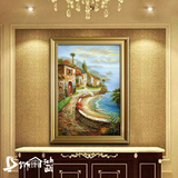 地中海景油画单幅竖挂画别墅高档客厅玄关有框竖挂壁画欧式风景画