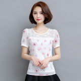 拼接蕾丝T恤女2016韩版夏季新款短袖印花上衣修身碎花雪纺打底衫