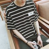 夏季短袖男纯棉韩版宽松圆领条纹T恤青少年日系拼接衣服学生潮牌