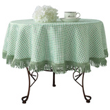 绿色 欧式高档奢华棉麻格子田园风格餐桌布布艺圆形台布圆桌桌布