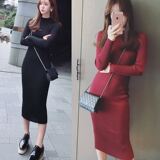 2016春季新款韩版女装超短裙长裙高领单件长袖纯色通勤针织连衣裙