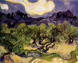 早教画胎教挂图名画油画 梵高 有橄榄树为前景的阿尔勒风光 相纸