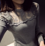 秋衣女外穿韩版潮女装蕾丝短款上衣服修身大码打底衫针织长袖T恤