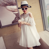 孕妇装夏季韩国时尚露肩短袖中长款蕾丝雪纺白色连衣裙夏天娃娃裙