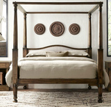 美式实木架子床四柱床欧式简约复古做旧橡木床 法式双人床 可定制