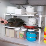 厨房用品置物架橱柜内水槽下伸缩不锈钢双2层放锅架收纳隔板塑料