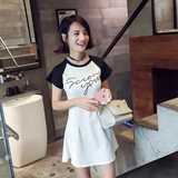 韩版短袖收腰A字裙连衣裙女中长款夏季2016新款修身显瘦学生裙子