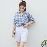 2016夏季新款韩版大码短袖蓝白格子衬衫女宽松显瘦小清新学生上衣