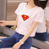 夏装韩版超人卡通印花T恤女圆领宽松短袖百搭学生体恤莫代尔白色