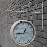 美式地中海田园铁艺双面静音壁挂钟 创意欧式客厅家居圆形时钟表