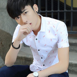 夏季流行男装短袖衬衫青年时尚潮寸衫修身韩版印花薄纯棉半袖衬衣