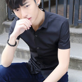 夏季男流行短袖衬衫青年时尚潮寸衫修身韩版纯色薄纯棉半袖衬衣