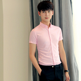 工作服职业棉麻衬衫男短袖修身薄款夏季韩版青年休闲男士粉色衬衣