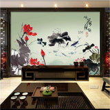 中式客厅无缝大型壁画电视背景墙壁纸浮雕3d立体水墨墙纸荷花牡丹