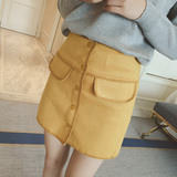 2016装新款韩版时尚单排扣假口袋毛呢包臀裙半身短裙