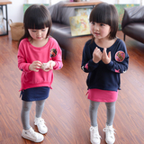 韩国3-8岁童装2016春季新款女童长袖卫衣T恤+假两件九分裙裤套装
