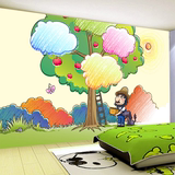 简约苹果树儿童房墙纸 卧室客厅可爱卡通水彩油画壁纸背景墙壁画