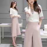 2016新款女装夏装两件套韩版雪纺短袖七分裤阔腿裤休闲时尚套装女