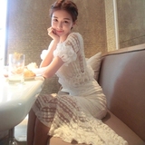 韩国代购春季新款短袖卷边上衣包臀鱼尾长裙两件套修身蕾丝连衣裙
