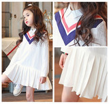 女童春装连衣裙2016新韩国童装学院风假两件衬衫百褶裙儿童公主裙