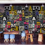 3D立体怀旧复古七彩英文字母墙纸壁画欧美风咖啡餐厅背景墙壁纸