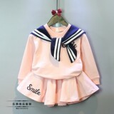 2016春季新款韩版童装 女童时尚学院海军风长袖t恤+短裙套装