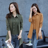 2016春夏新款韩版修身中长款棉麻假两件长袖衬衫女式显瘦上衣t恤