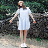 韩国夏季新款短袖宽松显瘦裙子韩国小清新刺绣娃娃棉麻学生连衣裙