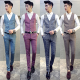 韩国时尚英伦男格子背心潮男大码马甲套装男士马夹西裤两件套修身