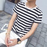 夏季男士条纹印花短袖t恤青年圆领日系体T恤半袖海魂衫韩版男装潮