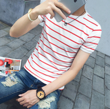 2016新款夏季短袖T恤男圆领条纹半袖韩版修身体恤潮流t桖学生衣服