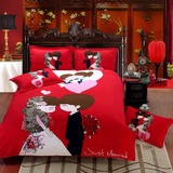 新婚四件套大红全棉磨毛印花床上用品结婚六十件套韩版床单1.8床