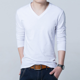 秋季韩版青年男T恤长袖V领修身薄款纯色上衣莱卡棉弹力男装打底衫
