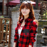2016春秋韩版学生纯棉格格外套大码宽松长袖红黑格子衬衫女中长款