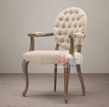 欧式高档实木皮革餐椅 复古做旧实木椅子 美式布艺拉扣书椅扶手椅
