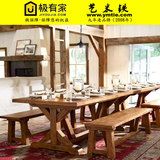 美式乡村 实木餐桌椅 组合 松木长方形餐桌 松木板凳餐椅