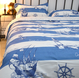 儿童男孩地中海海洋床上用品四件套蓝色纯棉被套床单春夏帆船床品